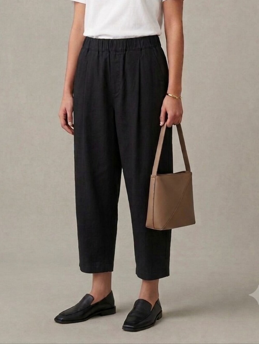 COS Tapered Barrel Black Cotton Linen Pull On Elastic Trouser Pants Size Small